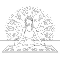 ‎A black and white A girl is doing yoga. illustration line art of a coloring page