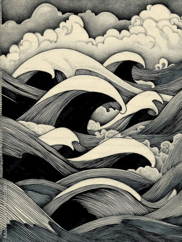 Poster stylized pen drawing showcasing crashing waves in traditional japanese art style with intricate deta