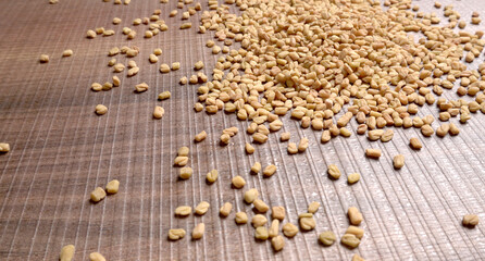 Methi or fenugreek seeds with methi leaves.Methi seeds is good for health.
