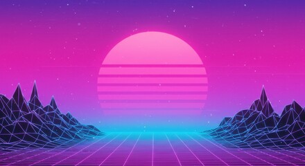 Retro Pixel Art Sunset Landscape With Pink And Purple Mountains