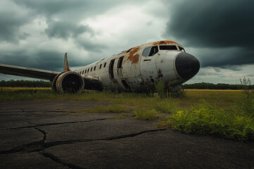 Abandoned Rusted Airplane in Overgrown Field Under Cloudy Sky – Urban Decay Scene