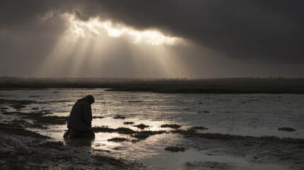Silent silhouette of a kneeling figure at dawn by serene waters, evoking Ramadan reflections and contemplative solitude