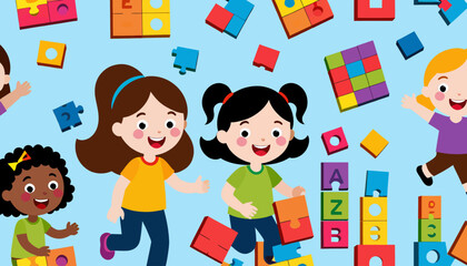 Obraz premium Cute Cartoon Girls Playing with Educational Toys and Colorful Blocks_Perfect for Childrens Illustrations and Educational Resources_Vector Graphic