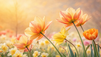 Naklejka premium Beautiful flowers bloom in vibrant garden, showcasing colors of yellow, orange, and pink