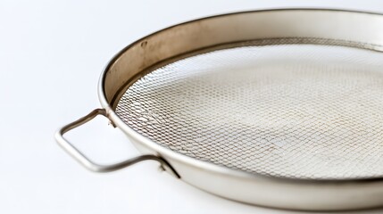 Metal sieve with kitchen utensil.