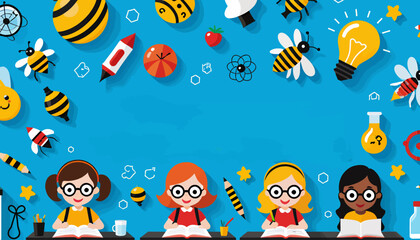 Naklejka premium Cute Students Studying_Back to School Education_Cartoon Character Illustration_Bees Rockets and Learning_Educational Background Image