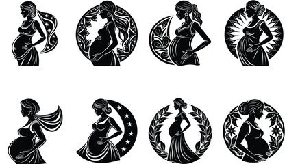 vector illustration of a set of pregnant mother silhouettes isolated on white background. Mother's Day.