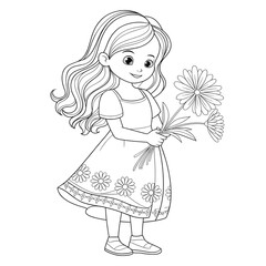 ‎A black and white A girl is standing with flowers in her hand. illustration line art of a coloring page