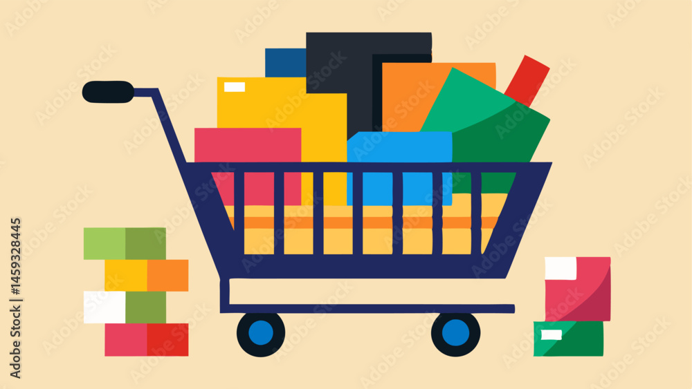 Poster shopping cart overflow a shopping cart filled to the brim with various colorful packages and merchan