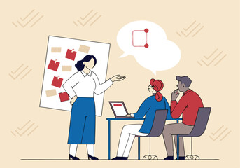 Business Workshop Concept. Vector cartoon illustration of a group of diverse people sitting at a table with a woman standing next to a board with stickers. Isolated on a background. 