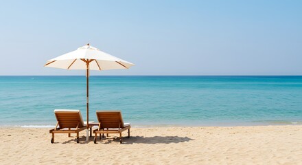 Fototapeta premium Tropical Beach with Sun Loungers and Umbrella – Vacation Concept
