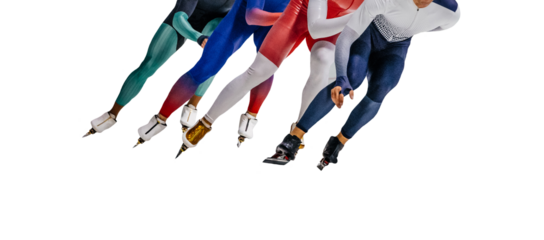 group man speed skaters mass start race, cut out on transparent background