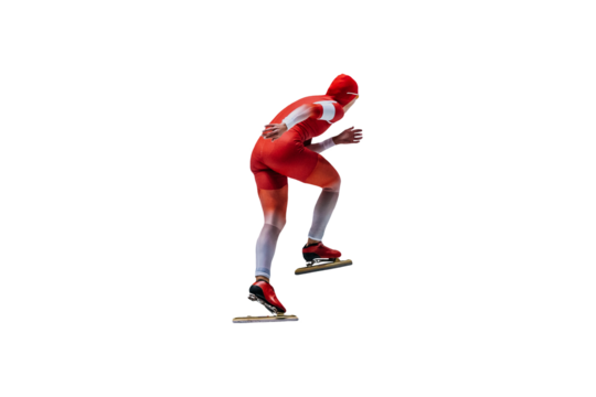 male athlete running turn in speed skating, cut out on transparent background