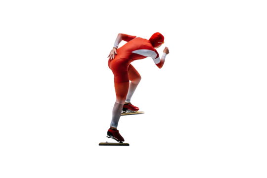 male athlete at speed skating competition, cut out on transparent background