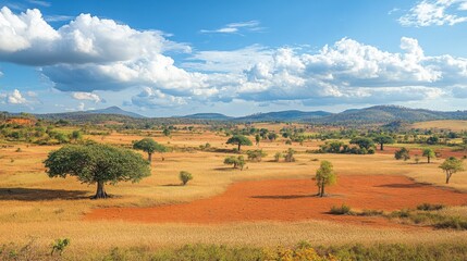 Fototapeta premium Vibrant landscape with scattered baobab trees in reddish soil, untouched nature of Madagascar, no people in sight