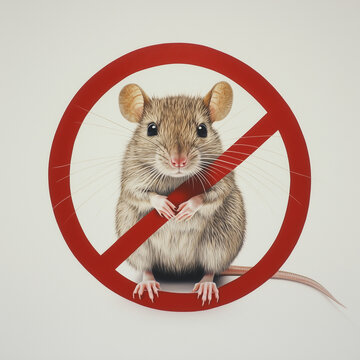Rato realista dentro do s&iacute;mbolo de proibido representa controle de pragas, higiene, preven&ccedil;&atilde;o e seguran&ccedil;a, ideal para materiais de conscientiza&ccedil;&atilde;o, campanhas e conte&uacute;do educativo.