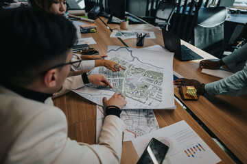 Business professionals engaged in a collaborative discussion about an urban planning project. They are analyzing maps and brainstorming strategies around a conference table in a modern office. © qunica.com