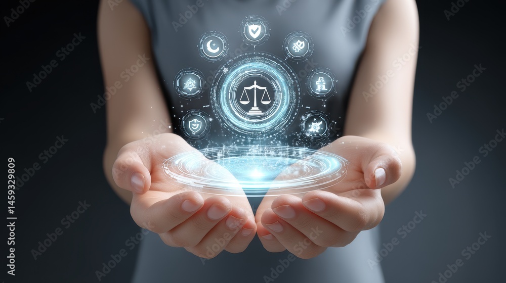 Aufkleber hands holding a futuristic digital hologram display featuring the scales of justice icon representin