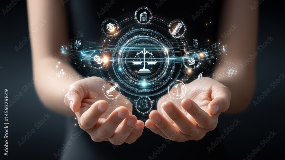 Poster a holographic display of futuristic digital technology for data security transparency and balanced d