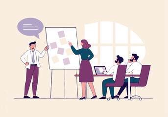 Business Workshop Concept. Vector cartoon illustration of a group of diverse people sitting at a table with a woman standing next to a board with stickers. Isolated on a background. 