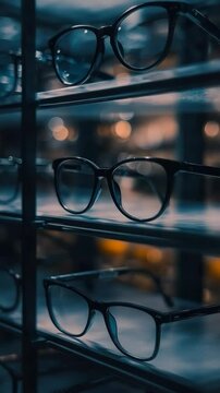 A number of points for vision on a shelf with a warm, cozy atmosphere. Glasses have various styles and colors, and lighting creates a convenient and attractive atmosphere