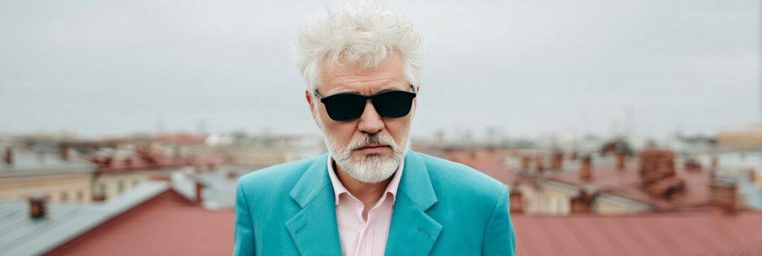 Sophisticated elder Caucasian man with cloud-white hair in cyan blazer, epitomizes urban enigma, embodying European Day of Languages
