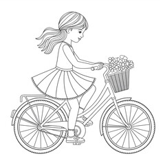 ‎A black and white Girls' bicycle illustration line art of a coloring page