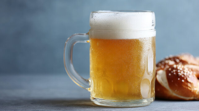 Frothy lager in chilled mug whispers Oktoberfest revelry, paired with pretzel simplicity; Germanic tradition meets rustic delight