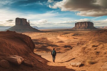 Explorer walking through stunning desert valley with dramatic rock formations and cloudy sky