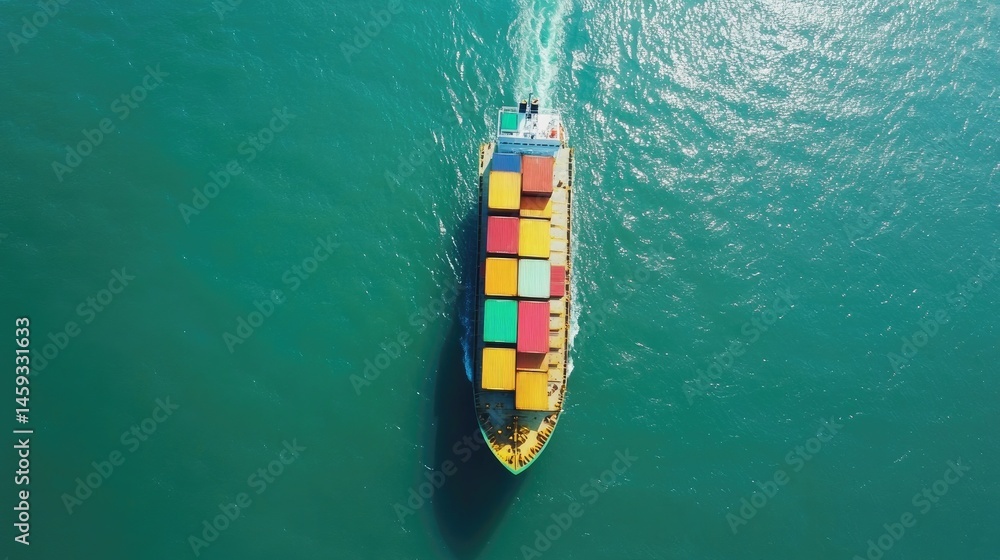 Poster aerial view of container ship carrying multicolored containers across calm ocean