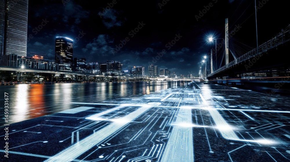Poster a mesmerizing view of a modern technologically advanced city skyline at night with towering skyscrap