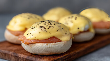 Golden hollandaise elegantly draping smoked salmon, Sunday brunch delight, culinary art, indulgence for World Egg Day celebrations