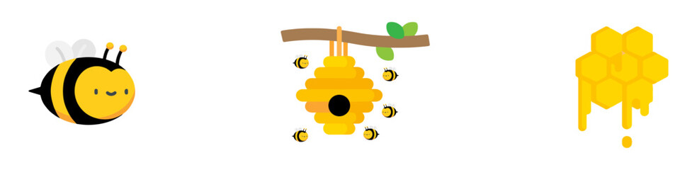 Bee on honeycomb icon set. Flying bee route. Honeybee animal in flat style. Flow honey with bumblebee. Natural food. Vector illustration. EPS 10