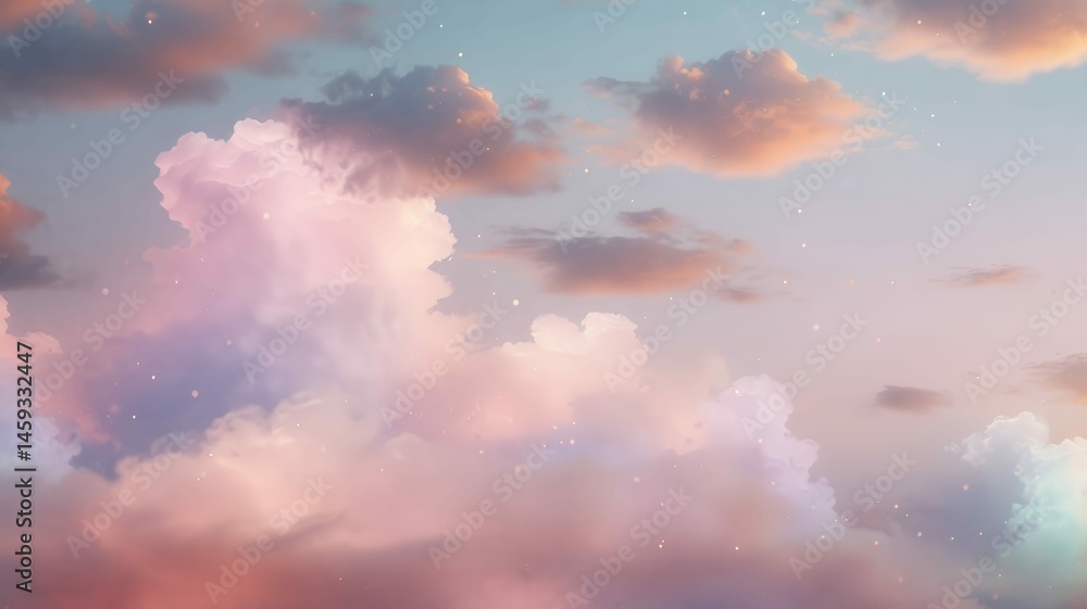 Poster pastel sky gradient with glowing clouds dreamy soft blur floating light bokeh and gentle ethereal am