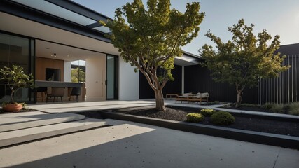 Elegant minimalist house exterior with black accents showcasing modern design elements and a striking architectural presence in natural surroundings