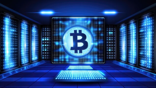 Cryptocurrency server room with glowing bitcoin symbol.  High-tech, futuristic interior with illuminated server racks and digital display