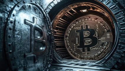 A metallic vault,  illuminating a large Bitcoin.  Secure digital currency inside a futuristic, heavy-duty bank