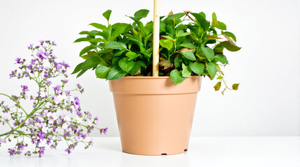 Fototapeta premium vibrant green potted plant with purple flowers