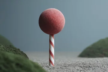 Fototapete A solitary, whimsical lollipop stands on sandy terrain, evoking Candy Land festivals and surrealist pondering amidst imaginary landscapes © fotogurmespb