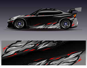 Naklejka premium Car wrap design vector. Graphic abstract stripe racing background designs for vehicle, rally, race, adventure and car racing livery