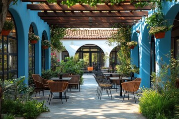 Obraz premium Courtyard cafe, Mediterranean patio, outdoor seating, sunny day, resort background