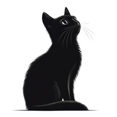 Cute black cat with large expressive eyes sits gracefully, gazing upwards with curious expression. Its fluffy fur and delicate whiskers add to its charm, making it adorable companion