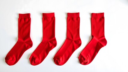Bright red socks displayed against a clean white background, showcasing their vibrant color and texture. Ideal for clothing advertisements, fashion catalogs
