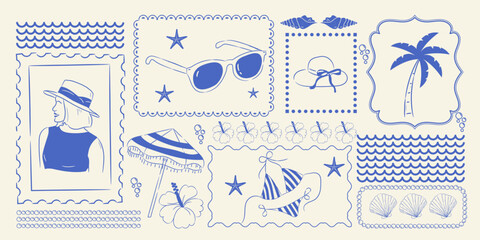 Vintage summer set of doodle hand drawn objects. Vintage summer symbols. Vacations, tourism, logo, frame