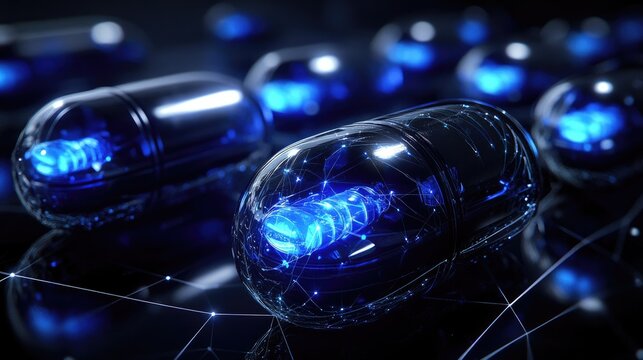 Biomedical capsule models in augmented space surrounded by interconnected cloud lines
