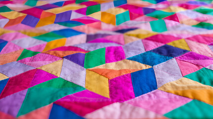 Colorful kaleidoscope quilt pattern evokes vintage patchwork traditions and National Sewing Month, celebrating whimsical textile artistry