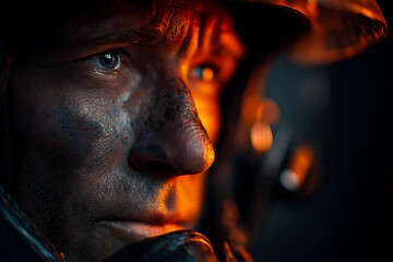 Close-up of a firefighter’s face covered in soot