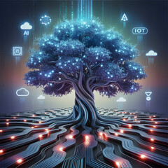 This abstract visualization metaphorically represents the evolution and integration of digital transformation and automation technologies using a tree