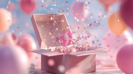 Gender reveal box opening with confetti and balloons flying out