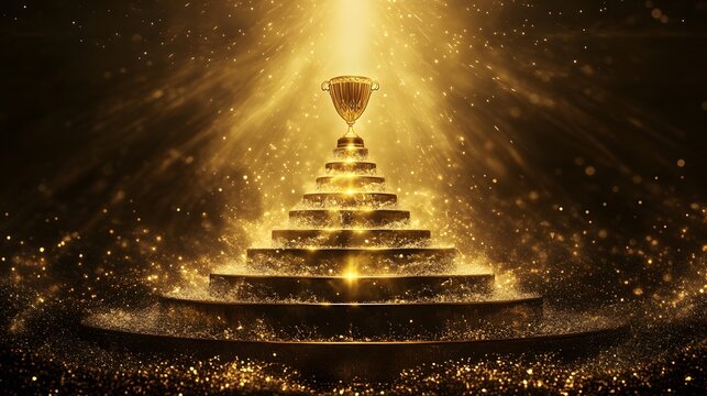 Golden pyramid steps with a trophy, illuminated by light.